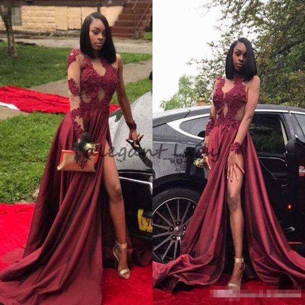 2018 Dark Red Sexy High Slit Prom Dresses Black Girls Sheer Long Sleeves Appliques Celebrity Dresses Formal Evening Party Gowns
2018 Dark Red Sexy High Slit Prom Dresses Black Girls Sheer Long Sleeves Appliques Celebrity Dresses Formal Evening Party Gowns