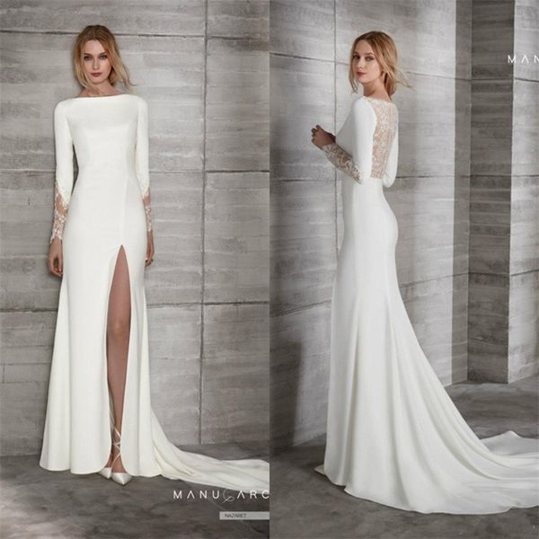 2019 satin mermaid lace wedding dresses long sleeves side split bateau neck wedding dress elegant plus size bridal gowns, White
2019 satin mermaid lace wedding dresses long sleeves side split bateau neck wedding dress elegant plus size bridal gowns, White