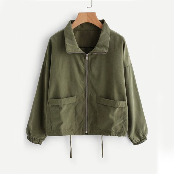 regular drawstring zip up jacket women green long sleeve lapel casual autumn coat female basic new spring pockets brief jacket, Black;brown 
regular drawstring zip up jacket women green long sleeve lapel casual autumn coat female basic new spring pockets brief jacket, Black;brown