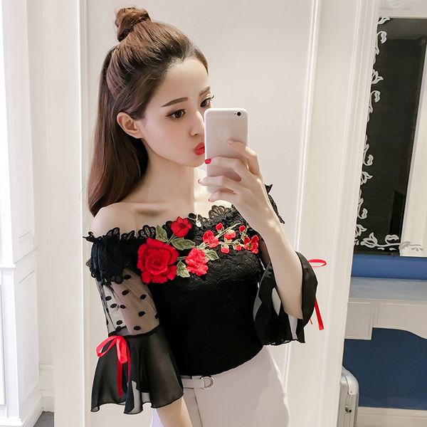 summer new flower emboridery flare sleeve blouses off the shoulder women lace blouses shirts, White
summer new flower emboridery flare sleeve blouses off the shoulder women lace blouses shirts, White