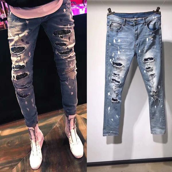 s-xl new 2018 splashed ink, broken knee, diamond, elastic slim jeans, fashionable cat whiskers and men's trousers, Blue
s-xl new 2018 splashed ink, broken knee, diamond, elastic slim jeans, fashionable cat whiskers and men's trousers, Blue