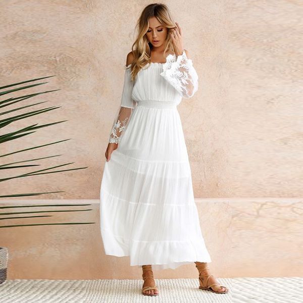 

elegant lace white tunic summer maxi dress women slash neck strapless long sleeve beach boho long dress vintage dresses vestidos, White;black