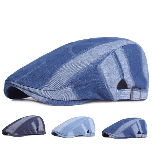 

vintage denim berets caps for men women patchwork beret adjustment visor caps, Blue;gray