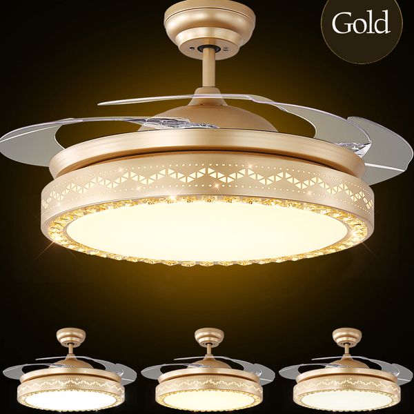 LED Ceiling Invisible Fan Lights Timing Remote Control Frequency Conversion Motor Warm White Light Pendant Lamp Remote Control Crystal