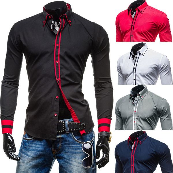 

2015 new brand ribbons cuff fashion contrast color mens dress shirts long sleeve slim fit casual social camisas masculinas -xxl, White;black