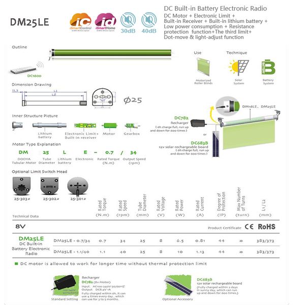 qualified motorized dm25le 0.7n.m, battery motor, dooya tubular motor, for dia.38mm tube for roller blinds or zebra blinds
qualified motorized dm25le 0.7n.m, battery motor, dooya tubular motor, for dia.38mm tube for roller blinds or zebra blinds
