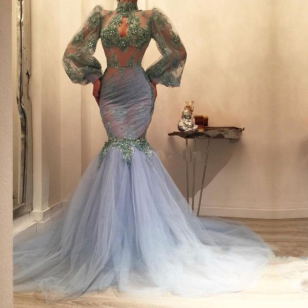Long Sleeves Mermaid Prom Dresses 2019 High Neck Appliques Lace Tulle Arabic Evening Dresses Floor Length Light Sky Blue Formal Dresses
Long Sleeves Mermaid Prom Dresses 2019 High Neck Appliques Lace Tulle Arabic Evening Dresses Floor Length Light Sky Blue Formal Dresses