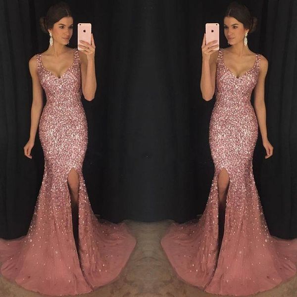 new arrival luxury 2018 mermaid prom dresses spaghetti straps tulle side split crystals floor length beaded formal evening gowns, Black
new arrival luxury 2018 mermaid prom dresses spaghetti straps tulle side split crystals floor length beaded formal evening gowns, Black