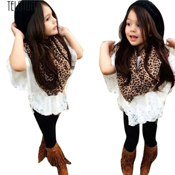 telotuny toddler girls clothes 2018 vest+ lace bat shirt+long pants+leopard scarf clothes outfits f804, White