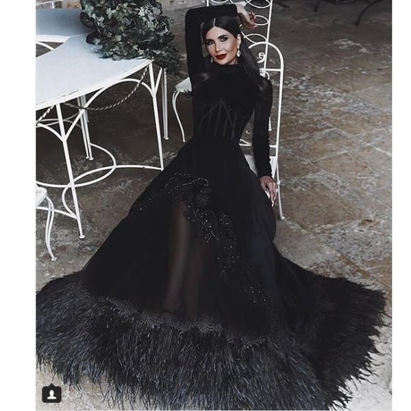 elegant black muslim evening dresses high collar full sleeves a-line long velvet prom gowns feather beaded appliques dubai gowns, Black;red
elegant black muslim evening dresses high collar full sleeves a-line long velvet prom gowns feather beaded appliques dubai gowns, Black;red