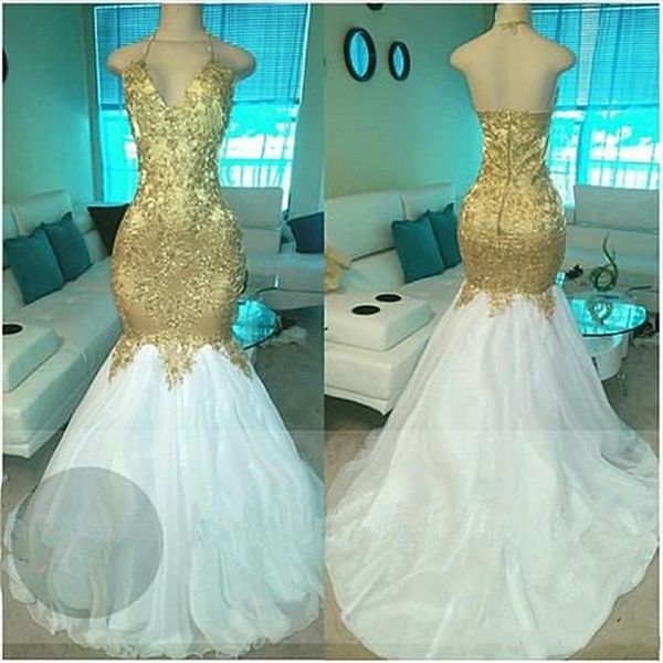 Unique Gold And White Meramid Prom Dresses Long Lace Evening Gowns Halter Sweep Train Formal Women Special Occasion Dress
Unique Gold And White Meramid Prom Dresses Long Lace Evening Gowns Halter Sweep Train Formal Women Special Occasion Dress