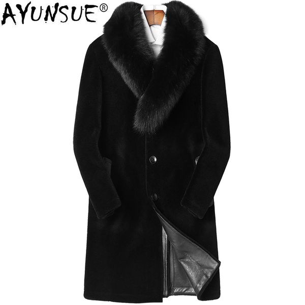 

ayunsue real 100% wool coat autumn winter fur collar hooded coats men sheep shearling fur parka manteau homme hiver zl841, Black