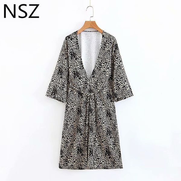 women animal print leopard dress 3/4 sleeve deep v neck with belt casual dress, White;black
women animal print leopard dress 3/4 sleeve deep v neck with belt casual dress, White;black