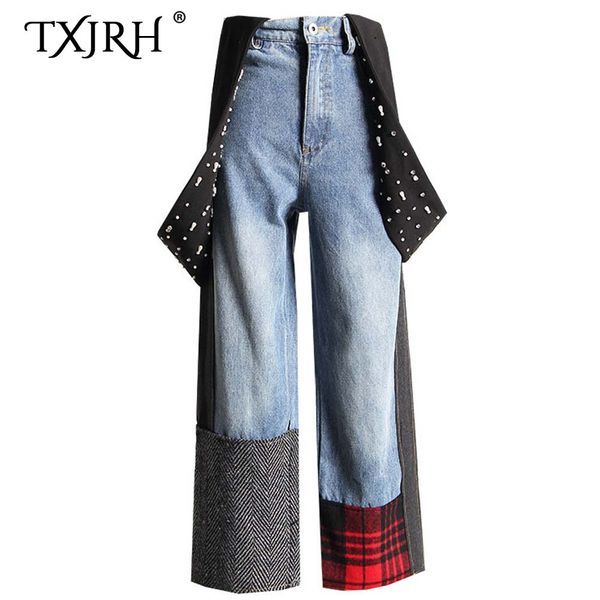 txjrh vintage beading patchwork plaid hight waist jumpsuit denim wide leg pants 2018 casual jeans loose ankle-length trousers, Blue
txjrh vintage beading patchwork plaid hight waist jumpsuit denim wide leg pants 2018 casual jeans loose ankle-length trousers, Blue
