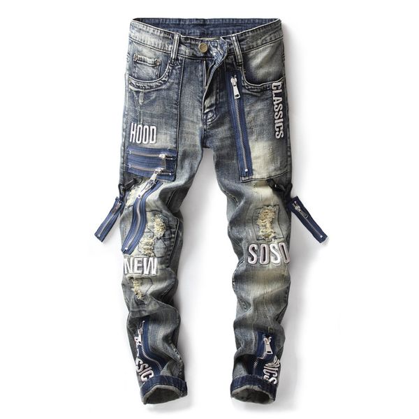 

men's retro blue patched holes ripped jeans patchwork slim fit zipper designed distressed denim pants,17009#