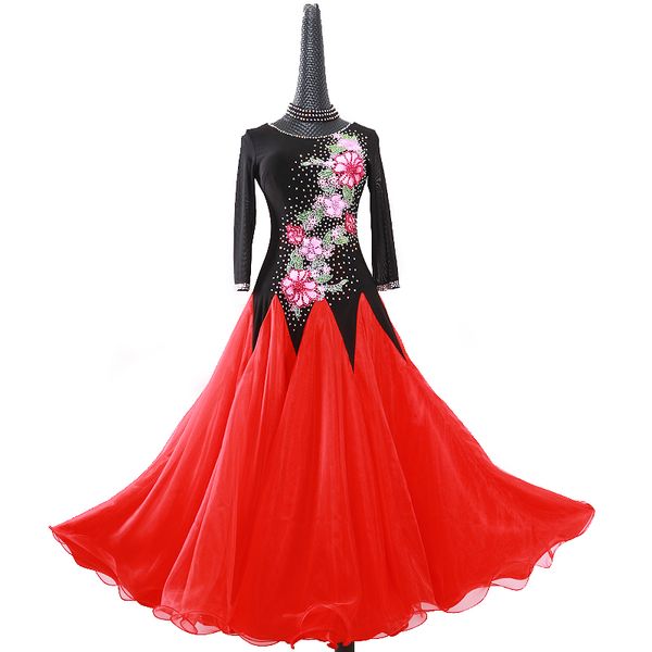 

stage wear women social dress ballroom dance competition dresses waltz fringe luminous costumes standard foxtrot, Black;red