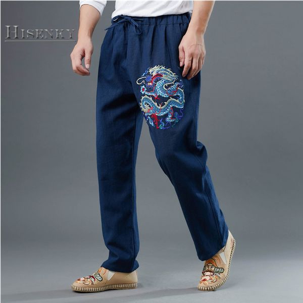 hisenky spring autumn men's elastic waist pants vintage chinese embroidered dragon ramie trousers loose straight casual pants, Black
hisenky spring autumn men's elastic waist pants vintage chinese embroidered dragon ramie trousers loose straight casual pants, Black