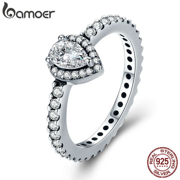 

bamoer genuine 100% 925 sterling silver radiant teardrop ring, clear cz finger rings for women wedding engagement jewelry pa7653, Golden;silver
