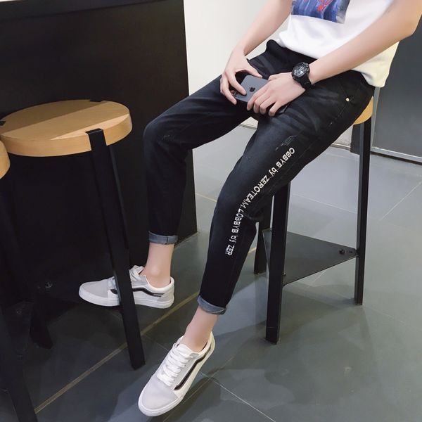 2018 spring new arrival ankle-length jeans letter embroidered holes pants solid color self-cultivation bound feet pants, Blue
2018 spring new arrival ankle-length jeans letter embroidered holes pants solid color self-cultivation bound feet pants, Blue
