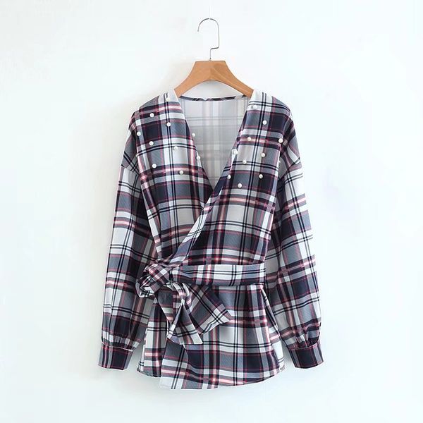 2018 spring new fashion ladies v neck plaid printed beading long sleeve wrapping belt women shirts blouses, White
2018 spring new fashion ladies v neck plaid printed beading long sleeve wrapping belt women shirts blouses, White