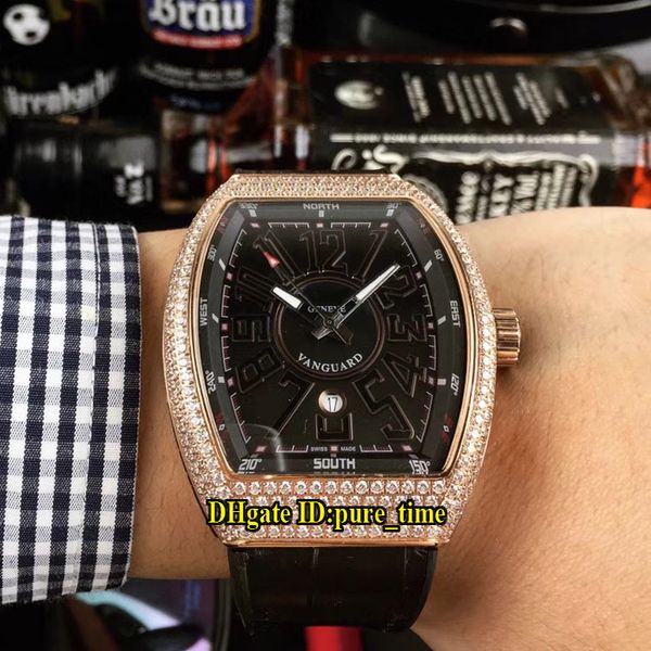new vanguard date 42mm black dial v45 sc dt automatic mens watch rose gold diamond bezel/case leather strap gents watches m07c, Slivery;brown 
new vanguard date 42mm black dial v45 sc dt automatic mens watch rose gold diamond bezel/case leather strap gents watches m07c, Slivery;brown