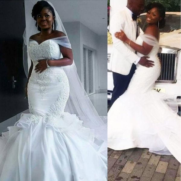 african plus size wedding dresses off the shoulder 3d appliques ruffles mermaid wedding dress back covered buttons bridal gowns long train, White
african plus size wedding dresses off the shoulder 3d appliques ruffles mermaid wedding dress back covered buttons bridal gowns long train, White
