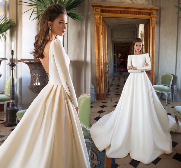 milla nova 2018 new wedding dresses a line satin backless sweep train long sleeves wedding gowns bateau neck vintage bridal simple style, White
milla nova 2018 new wedding dresses a line satin backless sweep train long sleeves wedding gowns bateau neck vintage bridal simple style, White