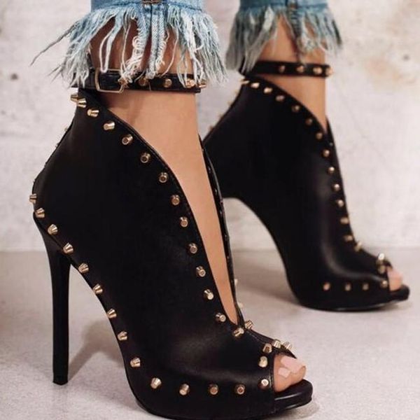 

new autumn women shoes 2017 peep toe booties high heels women's shoes ankle boots rivets buckle motorcycle women's boots black