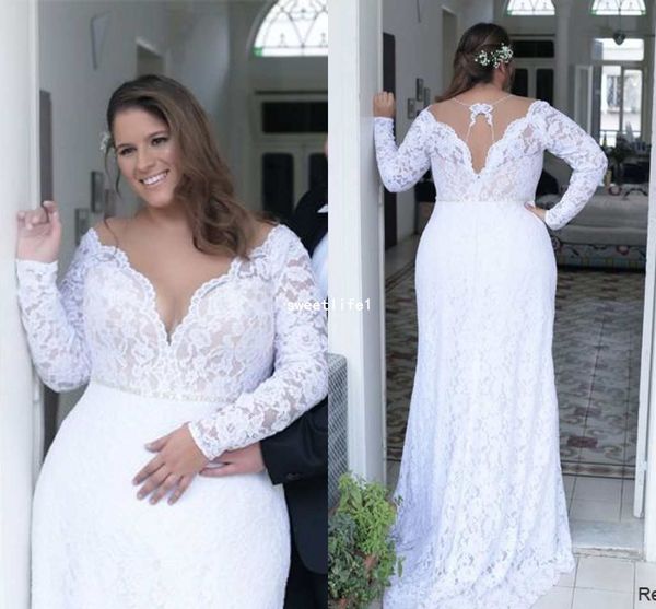 2019 plus size sheer jewel neck wedding dresses with long sleeve mermaid full lace court train bridal gown custom made, White
2019 plus size sheer jewel neck wedding dresses with long sleeve mermaid full lace court train bridal gown custom made, White