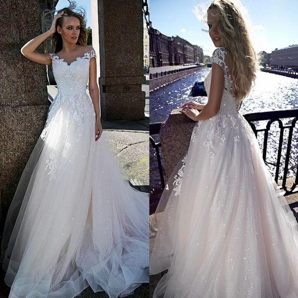 sparkly sequined lace wedding dresses sheer bateau neck appliqued bridal gowns a line sweep train lace-up back tulle vestido de novia, White
sparkly sequined lace wedding dresses sheer bateau neck appliqued bridal gowns a line sweep train lace-up back tulle vestido de novia, White