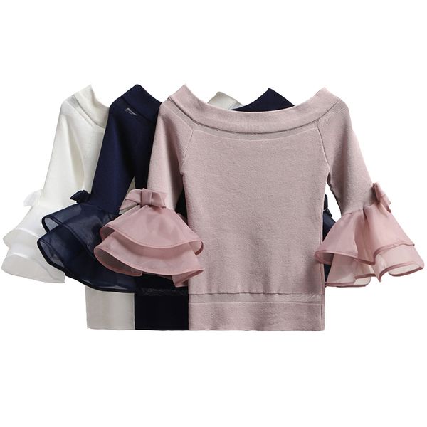 2017 autumn off shoulder cropped white sweater women slash neck korean striped flare sleeve knitted pullovers sweaters, White;black
2017 autumn off shoulder cropped white sweater women slash neck korean striped flare sleeve knitted pullovers sweaters, White;black