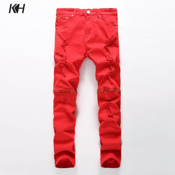 kh new fashion ripped hole red white black men's jeans knee hole zipper biker denim pants men slim fit straight skinny trousers, Blue
kh new fashion ripped hole red white black men's jeans knee hole zipper biker denim pants men slim fit straight skinny trousers, Blue