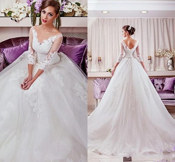 a line wedding dresses lace appliques elegant sheer neckline 3/4 long sleeves lace-up back bridal gowns custom made, White
a line wedding dresses lace appliques elegant sheer neckline 3/4 long sleeves lace-up back bridal gowns custom made, White