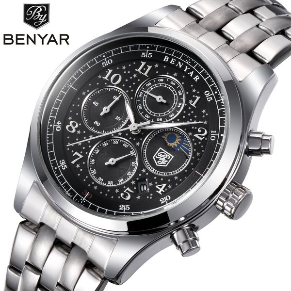 benyar top business mens watch moon phase full steel quartz chronograph sports watches men support dropshipping, Slivery;brown
benyar top business mens watch moon phase full steel quartz chronograph sports watches men support dropshipping, Slivery;brown