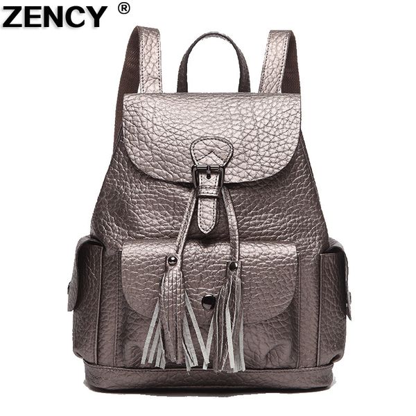 zency backpack fashion genuine leather for girls silver gray/black/red school backpacks daily bag female girls