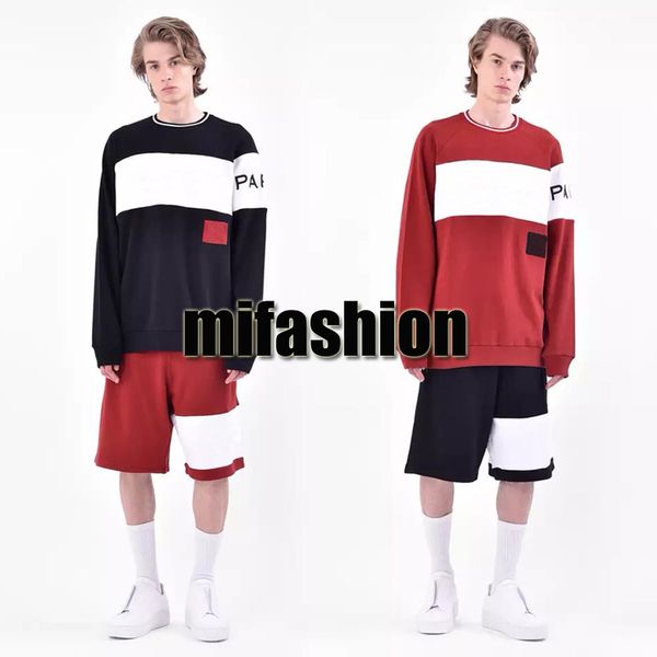 

18ss Luxury Winter Europe Paris Embroidery Contrast Patchwork Hoodies Fashion Men Clothes O-neck Pullover Sweatshirt Women Jumpers