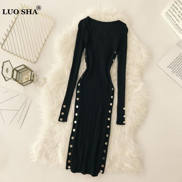 luosha women autumn long sweater dress women o neck slim bodycon striped dress with metal buttons party vestidos, White;black
luosha women autumn long sweater dress women o neck slim bodycon striped dress with metal buttons party vestidos, White;black