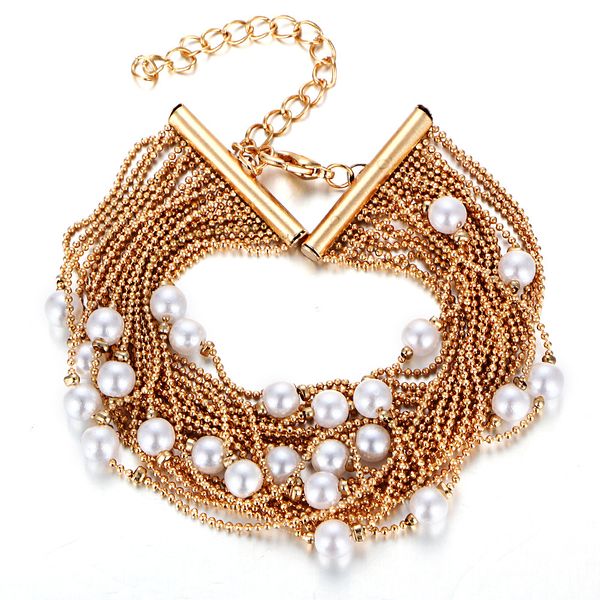 european and american fashion personality multi-layer imitation pearl bracelet golden punk link chain bracelet women girls gift jewelry
