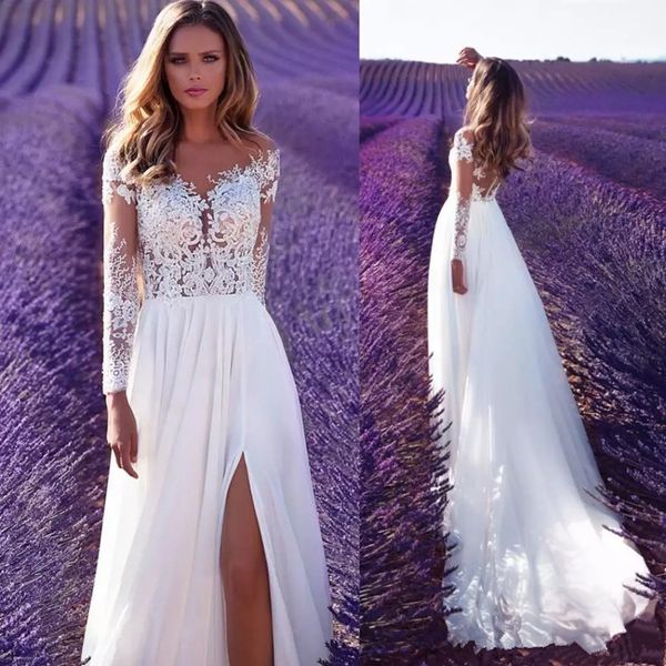 sheer back chiffon beach wedding dresses 2019 lace appliques a line wedding gowns split bridal gown, White
sheer back chiffon beach wedding dresses 2019 lace appliques a line wedding gowns split bridal gown, White