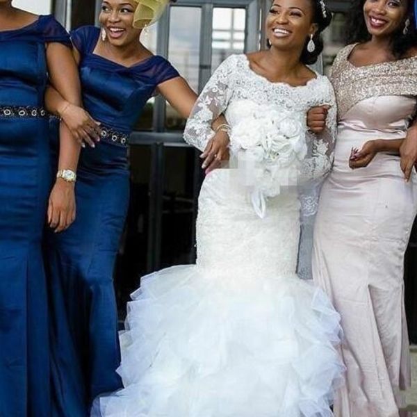 long sleeves mermaid wedding dresses scoop neck lace appliques beads ruffles court train bridal dress african plus size wedding dress, White
long sleeves mermaid wedding dresses scoop neck lace appliques beads ruffles court train bridal dress african plus size wedding dress, White