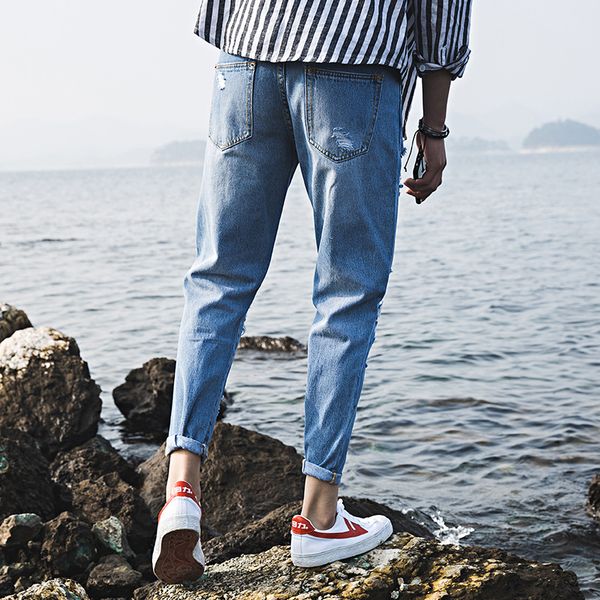 men jeans skinny stretch hole ripped retro washed spring summer casual cuffs pleated distressed men denim ankle-length pants, Blue
men jeans skinny stretch hole ripped retro washed spring summer casual cuffs pleated distressed men denim ankle-length pants, Blue