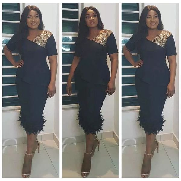 2019 aso ebi short black cocktail dresses short sleeve gold sequins tea length feather plus size women formal prom evening party gowns
2019 aso ebi short black cocktail dresses short sleeve gold sequins tea length feather plus size women formal prom evening party gowns