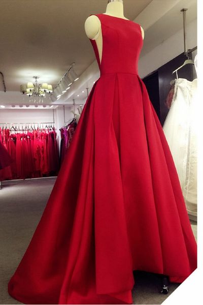 bateau neck satin evening dress new backless long evening gowns floor length prom dresses for party, Black;red 
bateau neck satin evening dress new backless long evening gowns floor length prom dresses for party, Black;red
