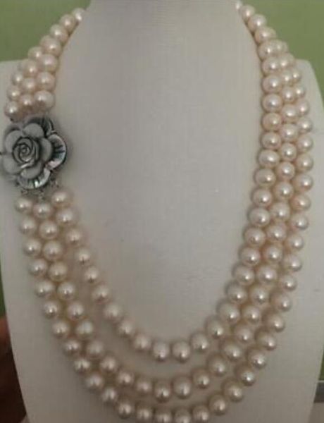 3 rows 10mm south sea round white pearl necklace, Silver
