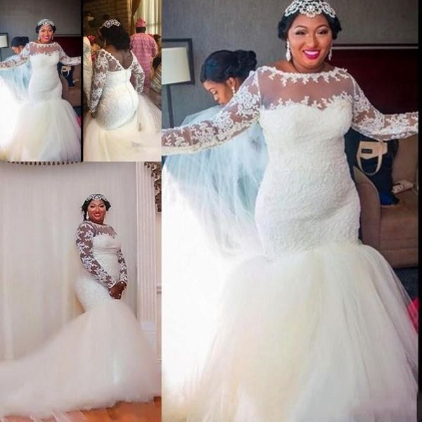 2018 african mermaid wedding dresses jewel neck illusion lace appliques long sleeves plus size chapel train tulle formal bridal gowns, White 
2018 african mermaid wedding dresses jewel neck illusion lace appliques long sleeves plus size chapel train tulle formal bridal gowns, White