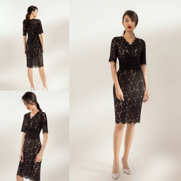 short black mother of the bride dresses half sleeve lace illusion bodice slim fit evening gowns sheath knee length prom dresses plus size, Black;red
short black mother of the bride dresses half sleeve lace illusion bodice slim fit evening gowns sheath knee length prom dresses plus size, Black;red