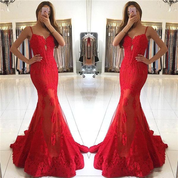 2018 red spaghetti straps lace appliques mermaid evening dresses floor length formal tulle prom party gowns fashion runway dress, Black;red
2018 red spaghetti straps lace appliques mermaid evening dresses floor length formal tulle prom party gowns fashion runway dress, Black;red