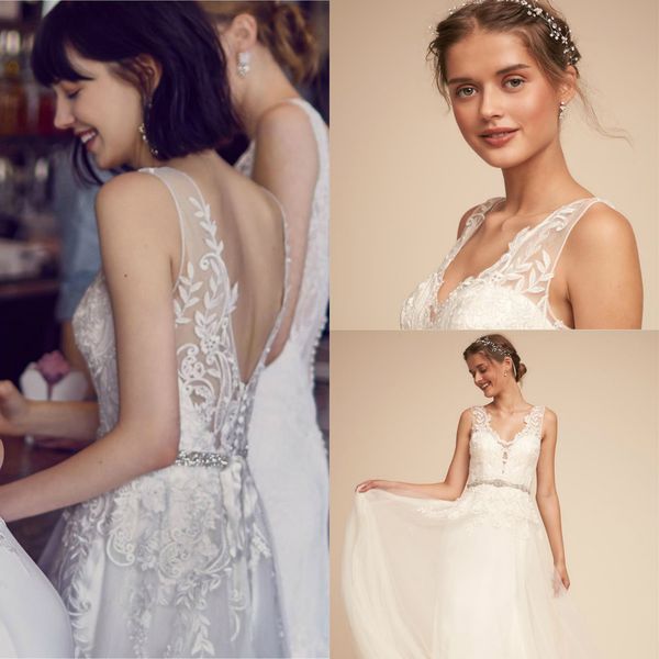 bhldn beach wedding dresses pretty lace applique v neck crystal belts bridal gowns custom made illusion boho wedding dress, White
bhldn beach wedding dresses pretty lace applique v neck crystal belts bridal gowns custom made illusion boho wedding dress, White