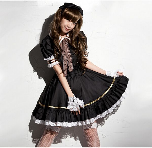 shanghai story japanese sweet maid dress cosplay maid costume cute lolita apron dress set service costume black, Black;red