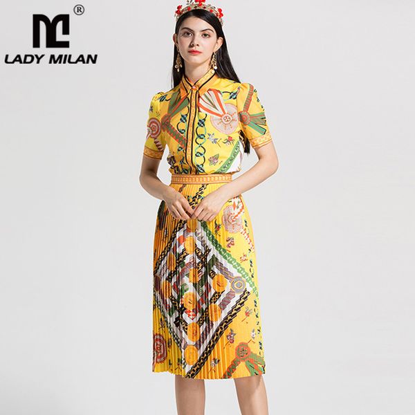 lady milan women's turn down collar printed short sleeves shirts with pleated skirts fashion runway twinsets dresses, White
lady milan women's turn down collar printed short sleeves shirts with pleated skirts fashion runway twinsets dresses, White
